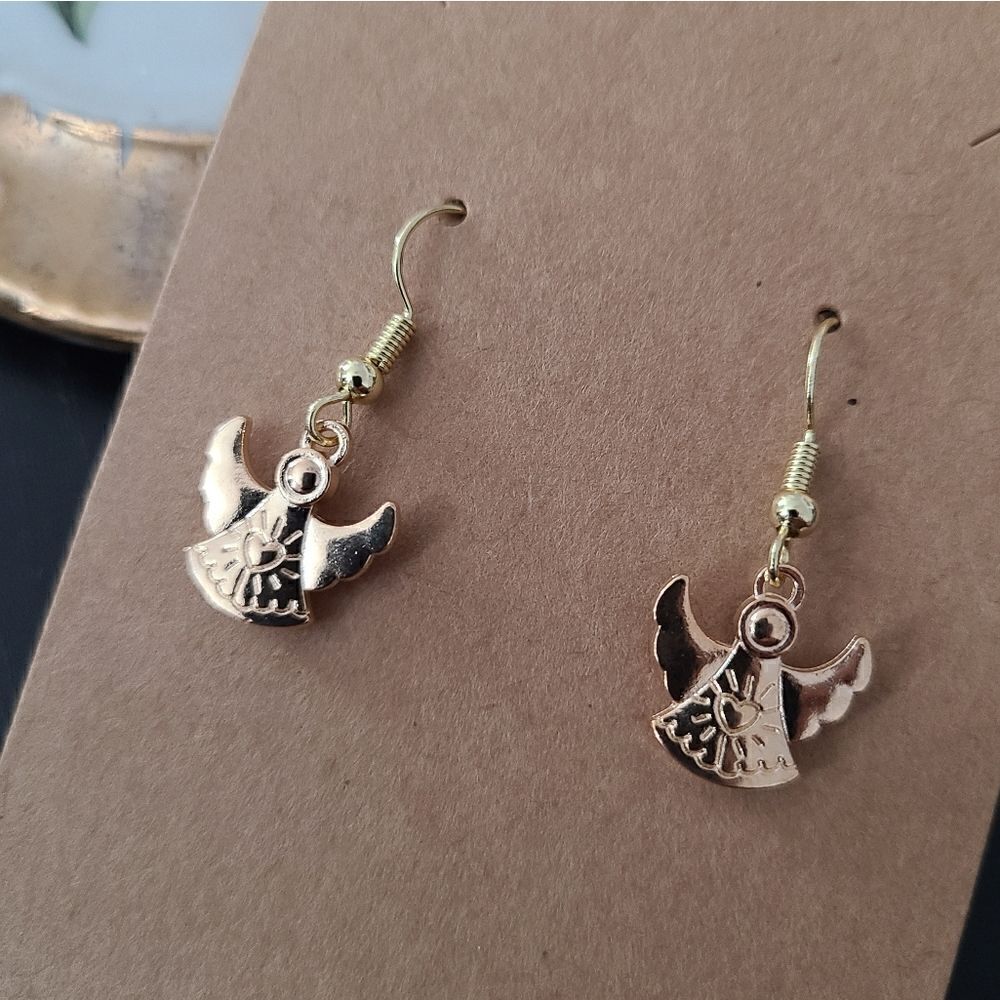 New Handcrafted Angel With Heart Dangle Earrings on 14K Gold Plated Hooks